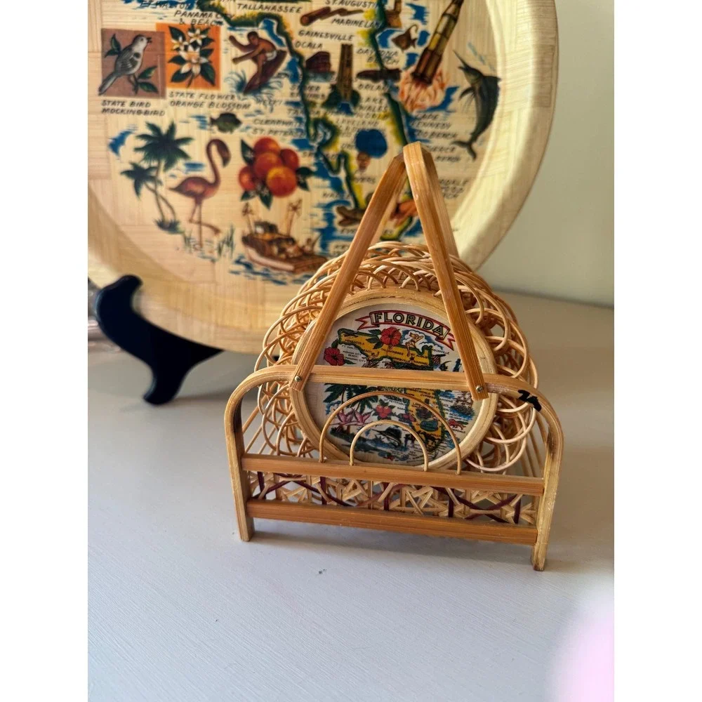Vintage Florida Map Bamboo Tray and Coasters Set | Mid Century Souvenir